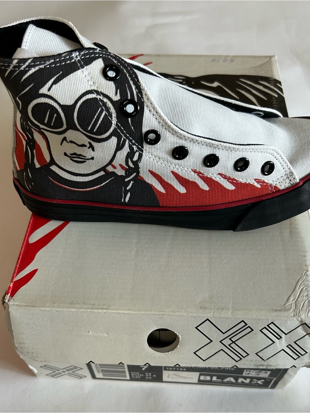 BLANX Kids High-Top Canvas Sneakers in White, Black & Red